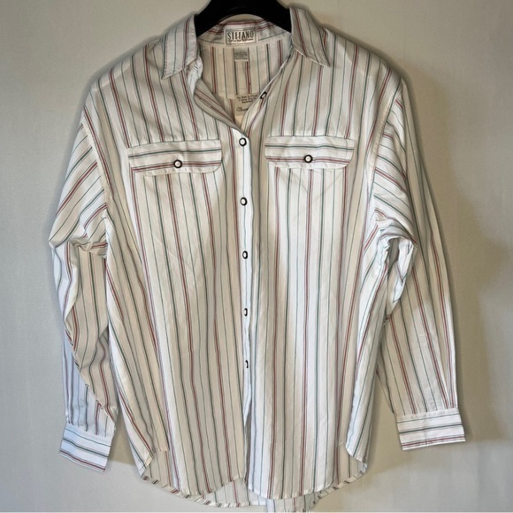 Stefano World Wide Vintage Women's Large  Striped Button Down Blouse.